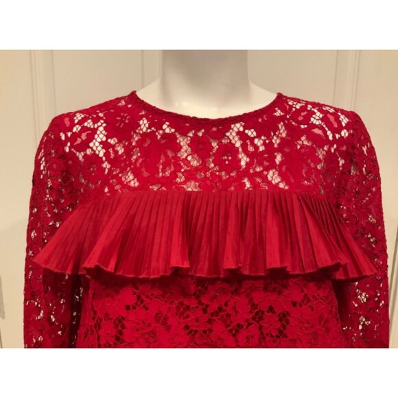J. Crew Red Floral Lace & Pleated Ruffle Top Long Sleeve Shirt, Size 6 - Picture 2 of 8